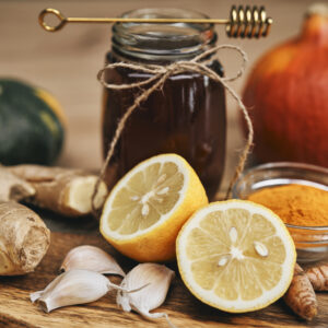 Composition of natural ingredients on wooden table